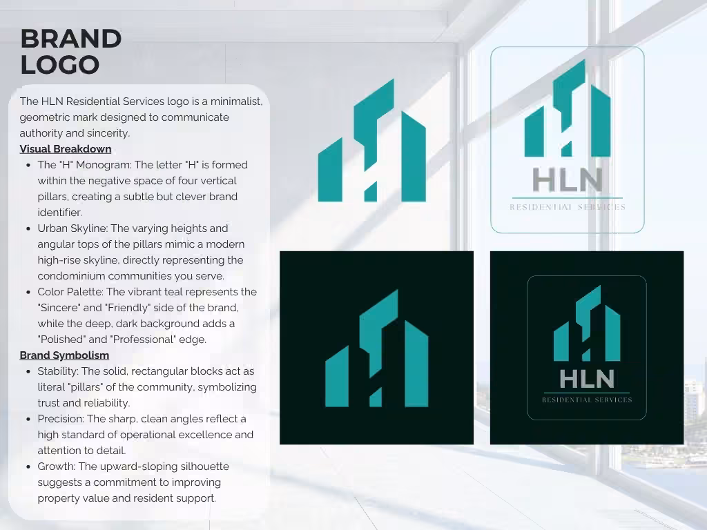 HLN Residential Services logo and brand-system board