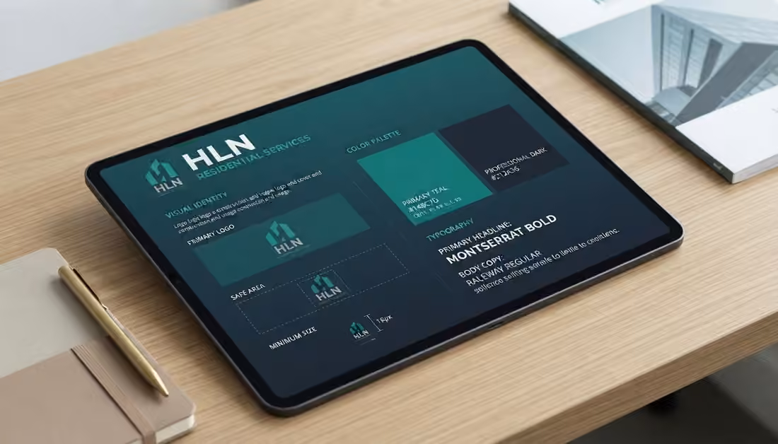 HLN Residential Services identity system presented on a tablet