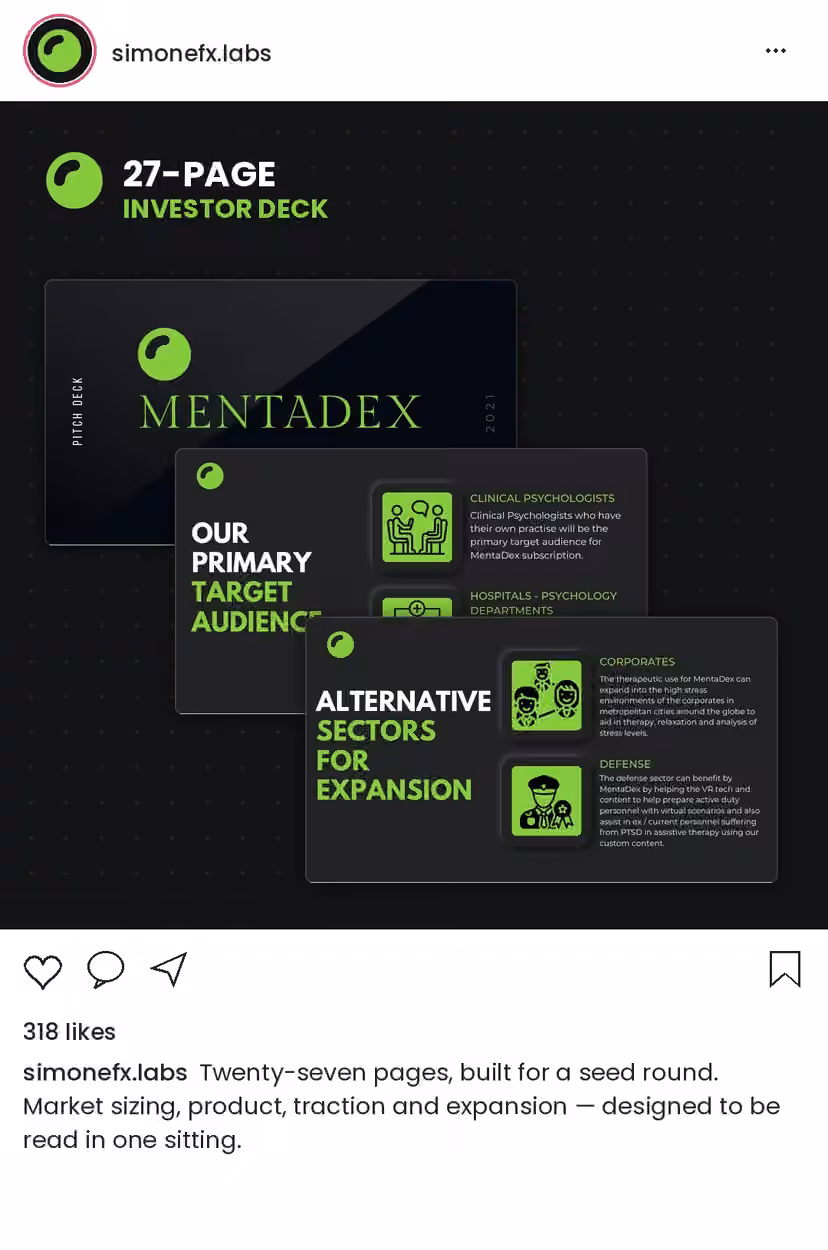 SimoneFX Labs social post presenting the MentaDex investor deck