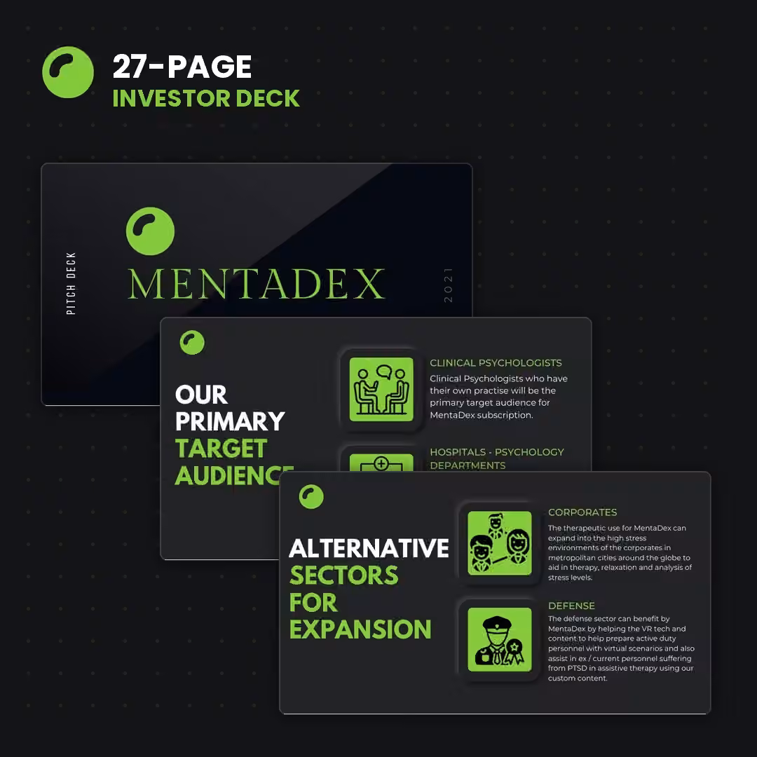 MentaDex investor-deck audience and expansion visual system